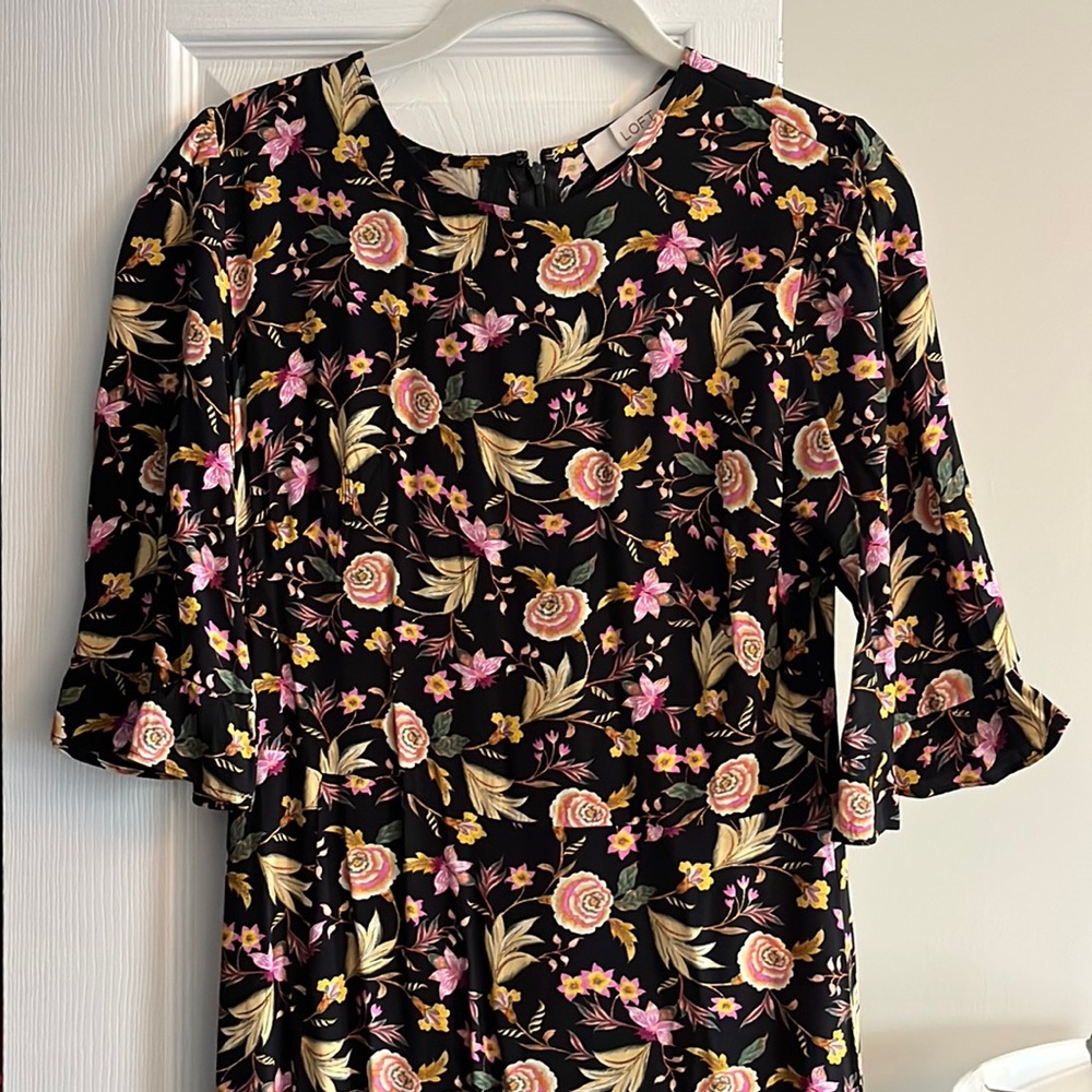 Loft size 4 elbow sleeve, black floral, midi dress